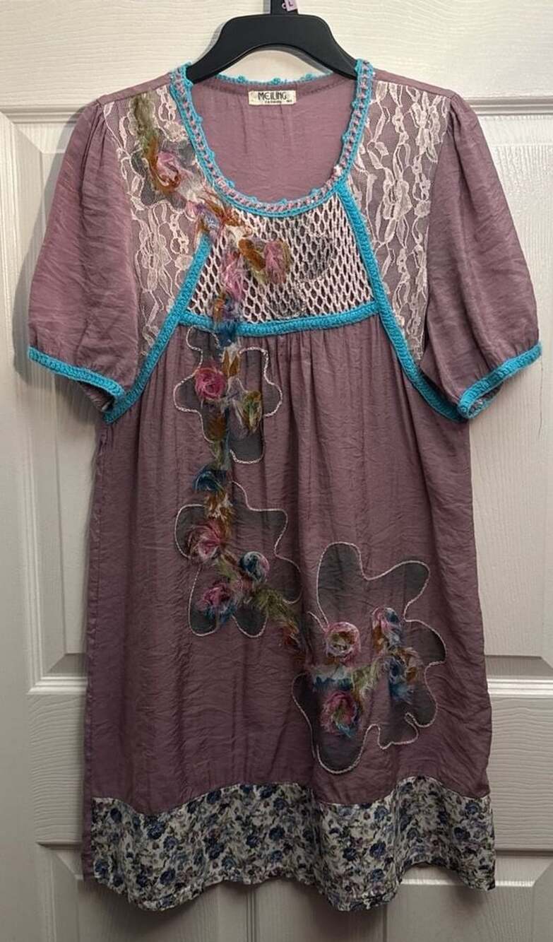 Meiling Fashion Boho Mixed Media Lace Crochet Floral Applique Dress Size M/L